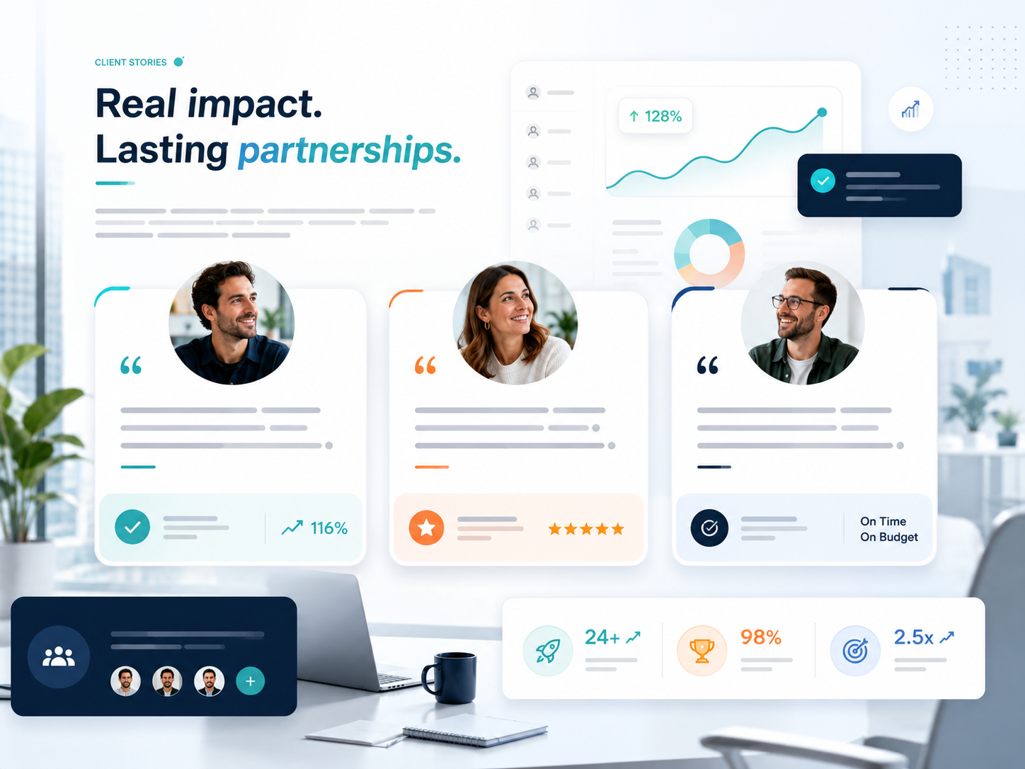 Client story cards and founder feedback visual